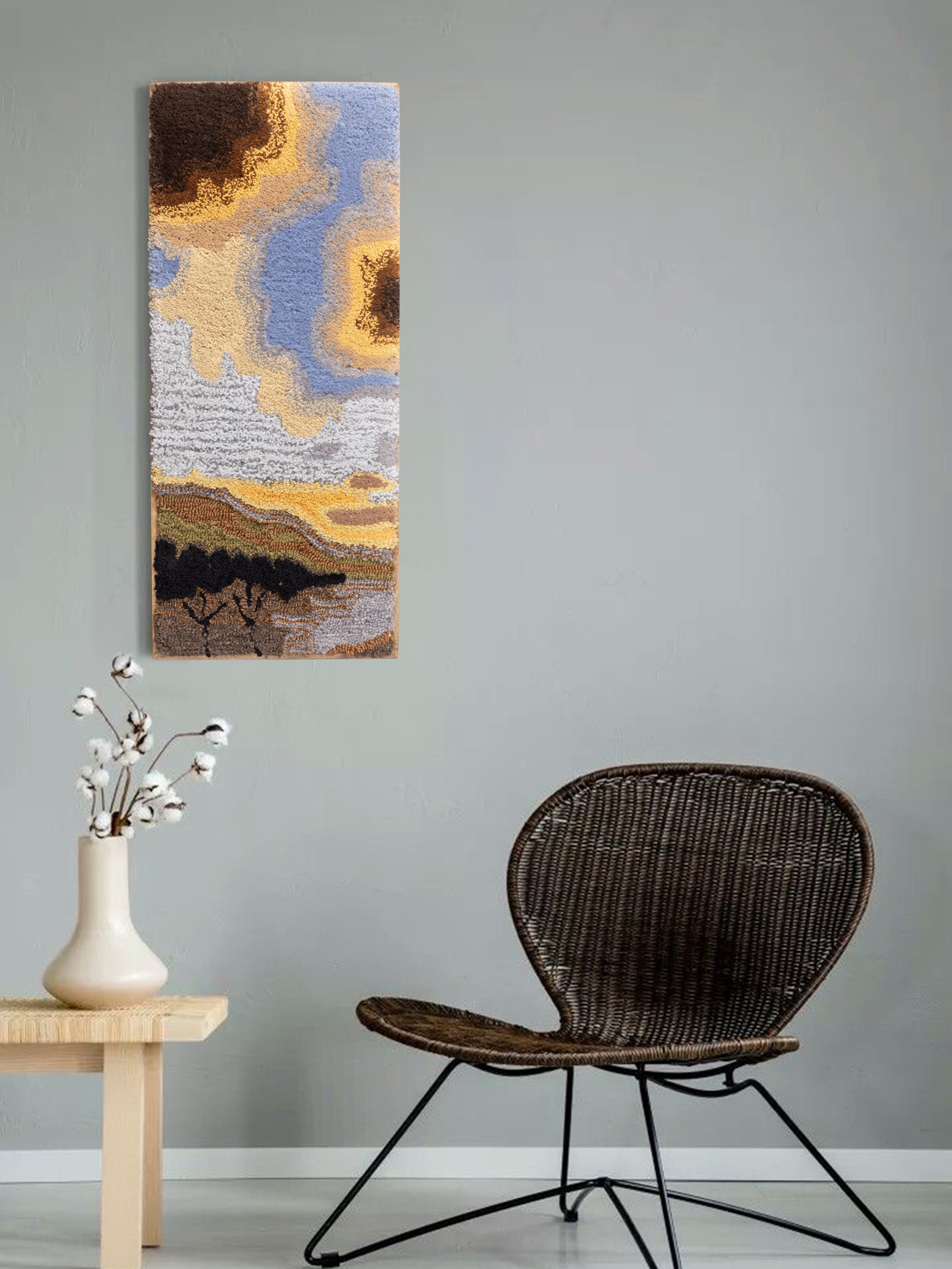 Textured Fiber Art with Vibrant Sky & Landscape Design – A cozy, artisan-crafted wool wall piece featuring a soft cloud formation in warm and cool tones, adding depth and warmth to any space