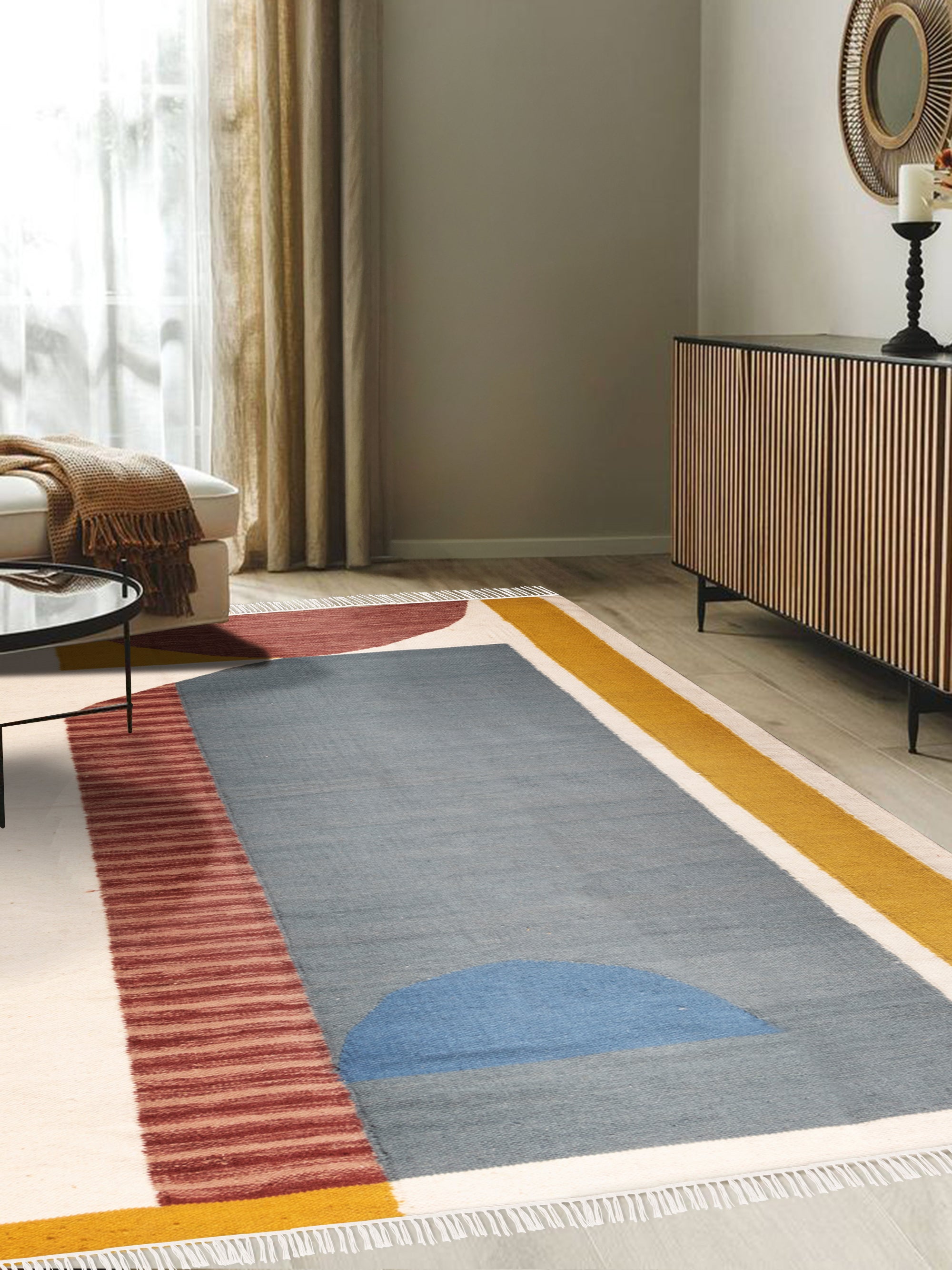 Colorful Geometric Wool Rug – Art-Inspired Area Rug with Fringe Detail
